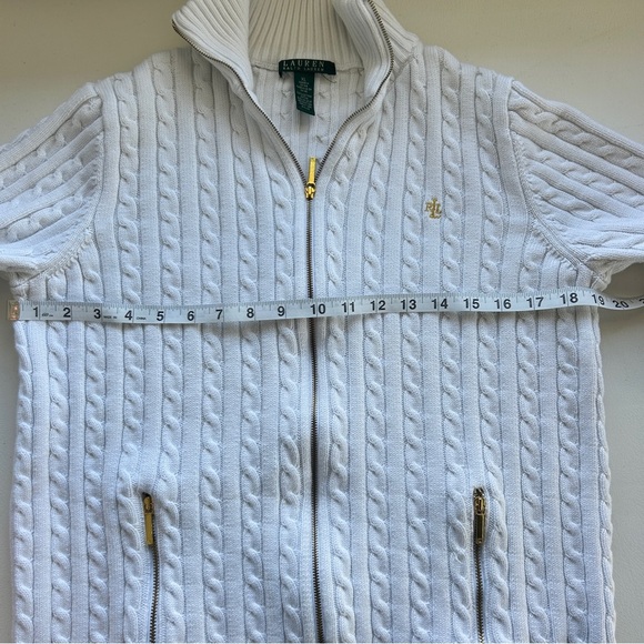 Lauren Ralph Lauren White and Gold Zipper Cable Knit Cardigan - Picture 10 of 12